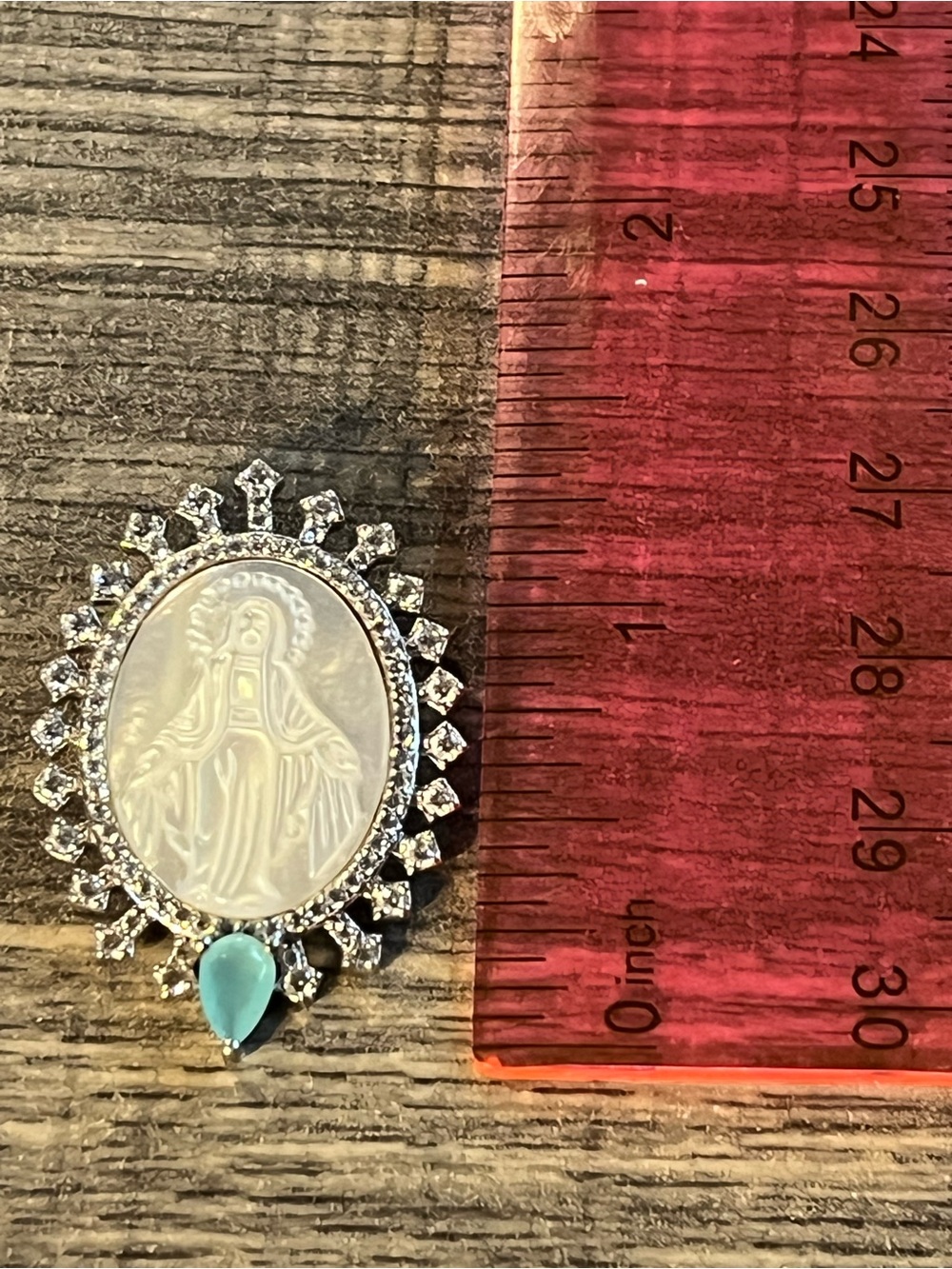 Sterling silver and cz Religious pendant. Mother of pearl and blue stone. Carved - Picture 5 of 6